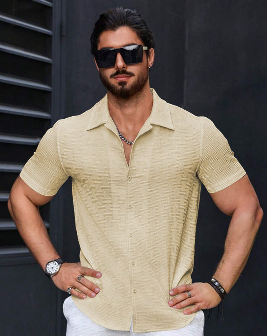 Boxy Fit Self Design Lapel Collar Casual Men Shirt | Buy Cream Shirt | Krishu Ethnics
