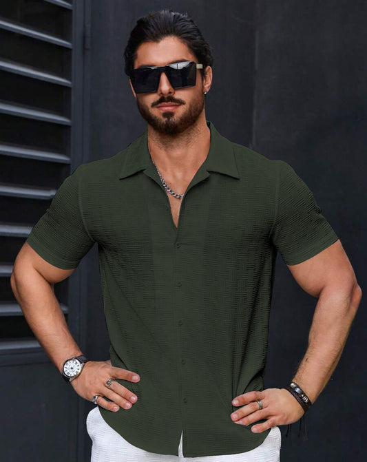 Slim Fit Regular Self Design Spread Collar Casual Men Shirt | Buy Green Shirt | Krishu Ethnics