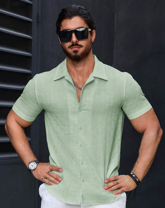 Boxy Fit Self Design Lapel Collar Casual Men Shirt | Buy Pista Shirt | Krishu Ethnics