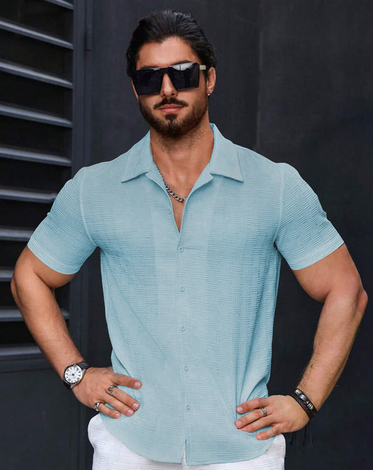 Slim Fit Regular Self Design Spread Collar Casual Men Shirt | Buy Sky Blue Shirt | Krishu Ethnics