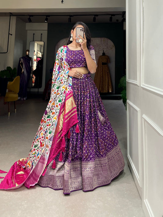 Intricate Motifs Purple Color Printed With Zari Weaving Work Viscose Dola Silk Lehenga Choli