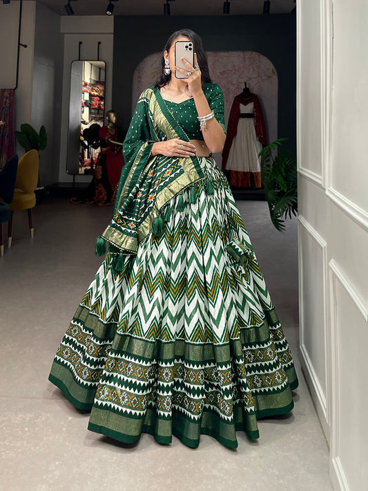 Opulent Green Color Leheriya With Foil Work Tussar Silk Lehenga Choli
