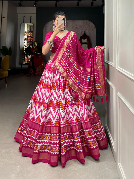 Opulent Pink Color Leheriya With Foil Work Tussar Silk Lehenga Choli